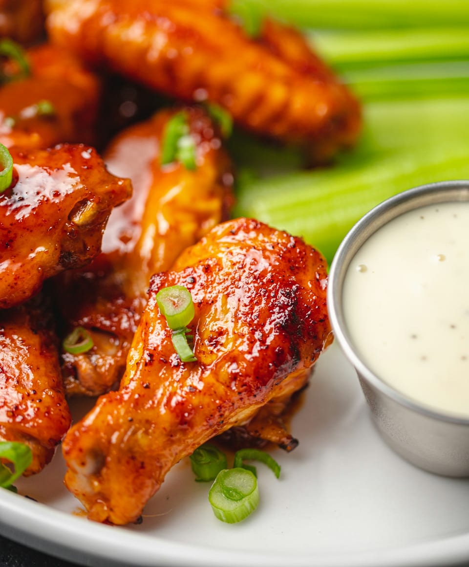 Sauced chicken wings with dipping sauce